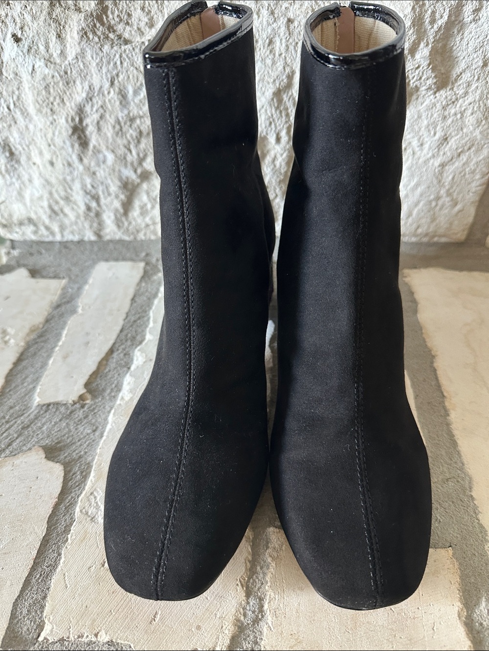 Betsey Johnson Black Suede Ankle Booties with Patent Trim